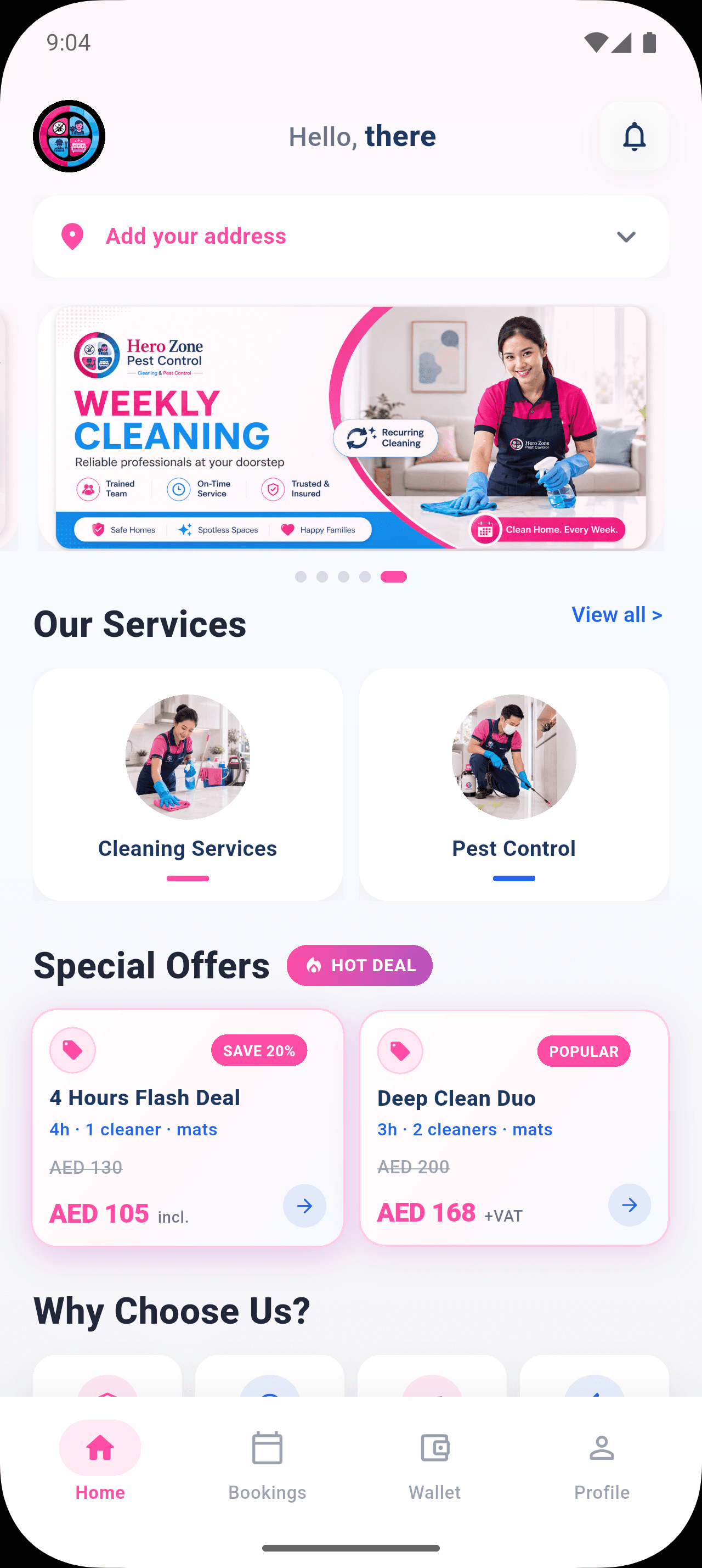 Heroes Zone mobile app home screen with cleaning services and offers